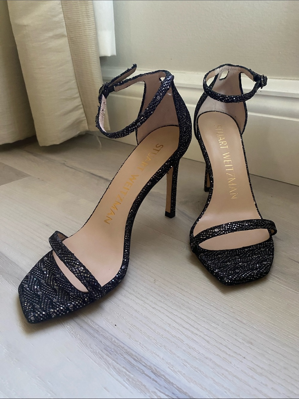 Stuart Weitzman Amelina 95 Black Glitter Ankle-Strap Stiletto Sandals - Size 5